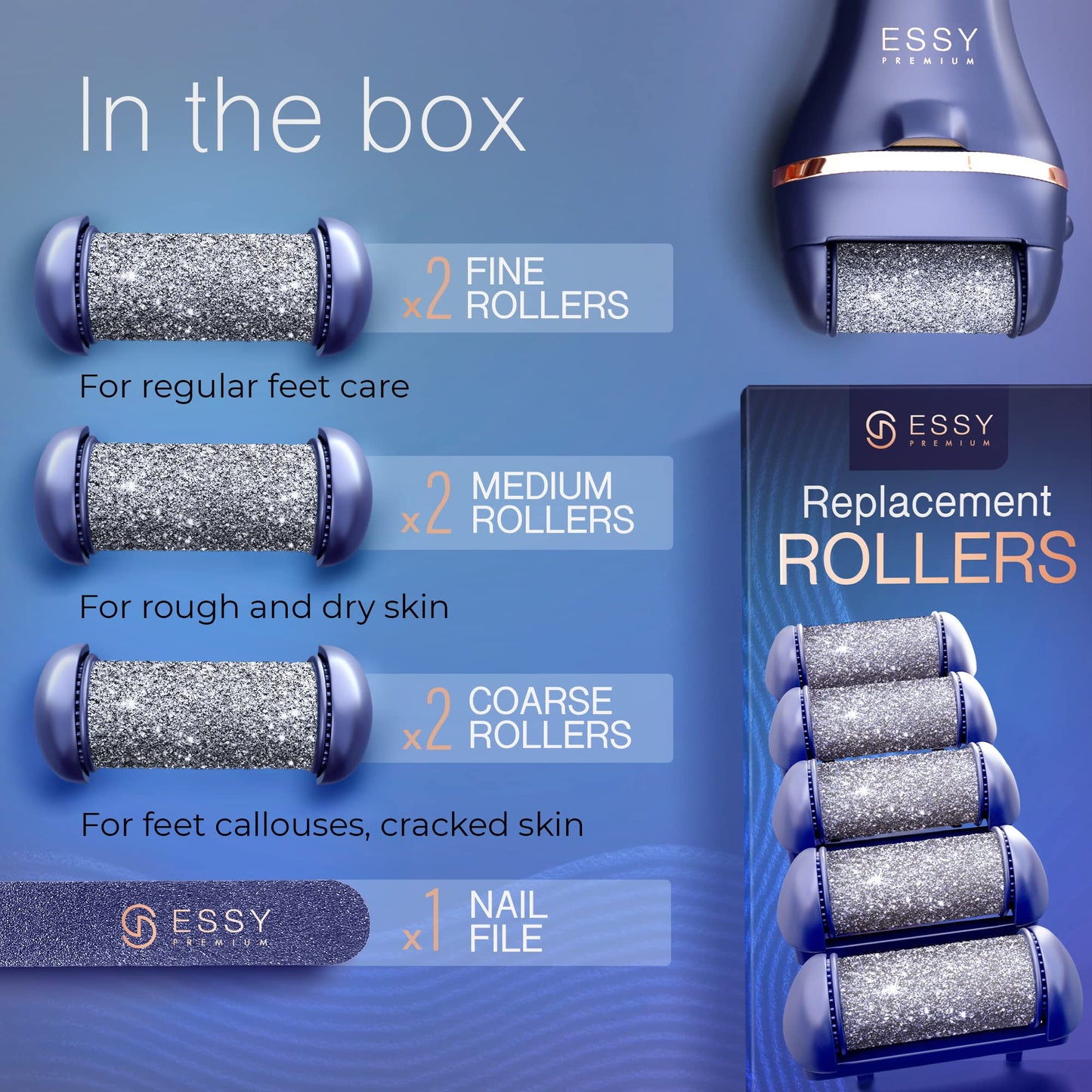 Essy Pedicure Electric Foot File – Rechargeable Callus Remover, Dead Skin Scraper with 5 Replacement Rollers for Smooth Feet