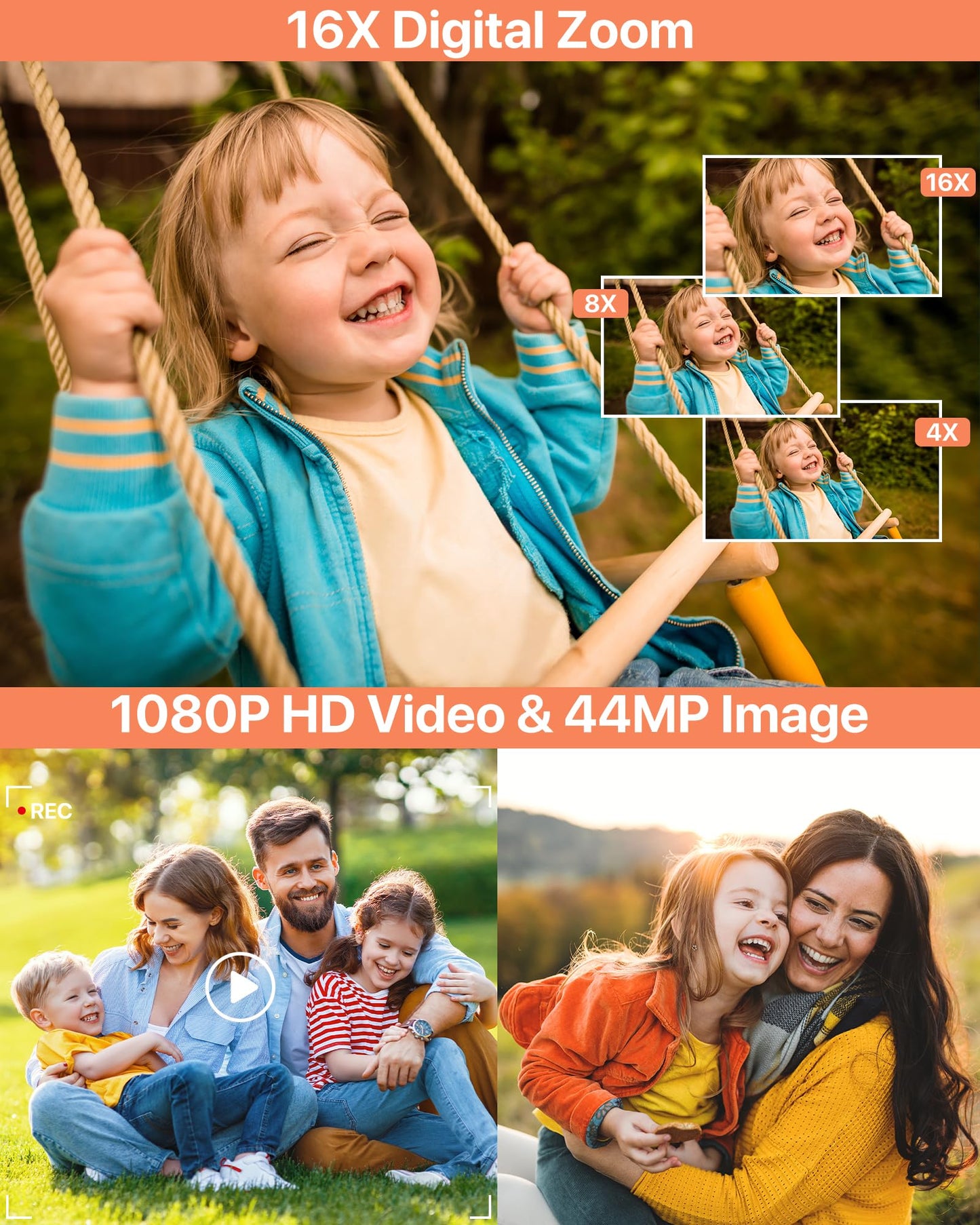 1080P FHD Compact Digital Camera 44MP – Mini Portable Vlogging Camera with 2.4" LCD, 16X Zoom, Battery Included (Pink, No SD Card)