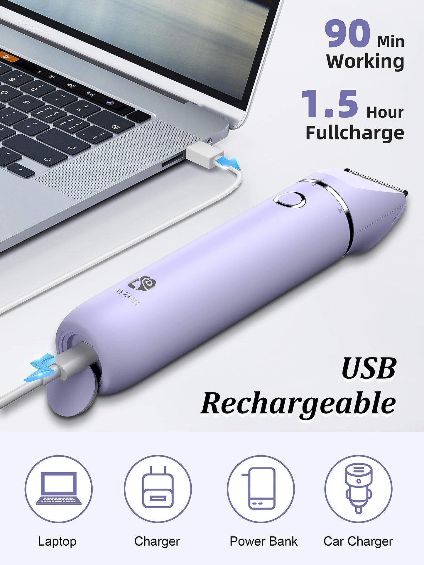 Cayzor Waterproof 2-in-1 Facial Hair Removal Trimmer for Women – Cordless Electric Bikini Razor for Face, Upper Lip, Chin, Armpit, Legs (Purple)