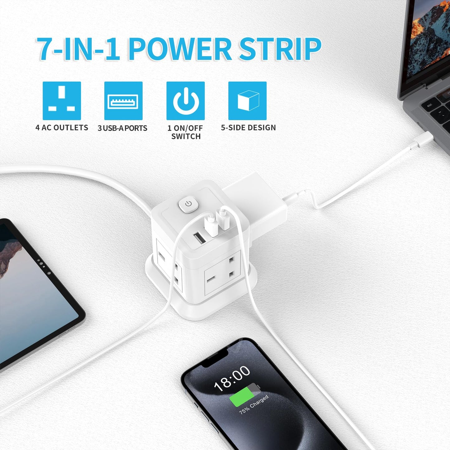 Cube Extension Lead with USB Slots, BEVA 4 Way Multi Plug Power Strip with 3 USB Ports, Desktop Power Extension Socket with 1.5M Extension Cords for Home Dorm Office