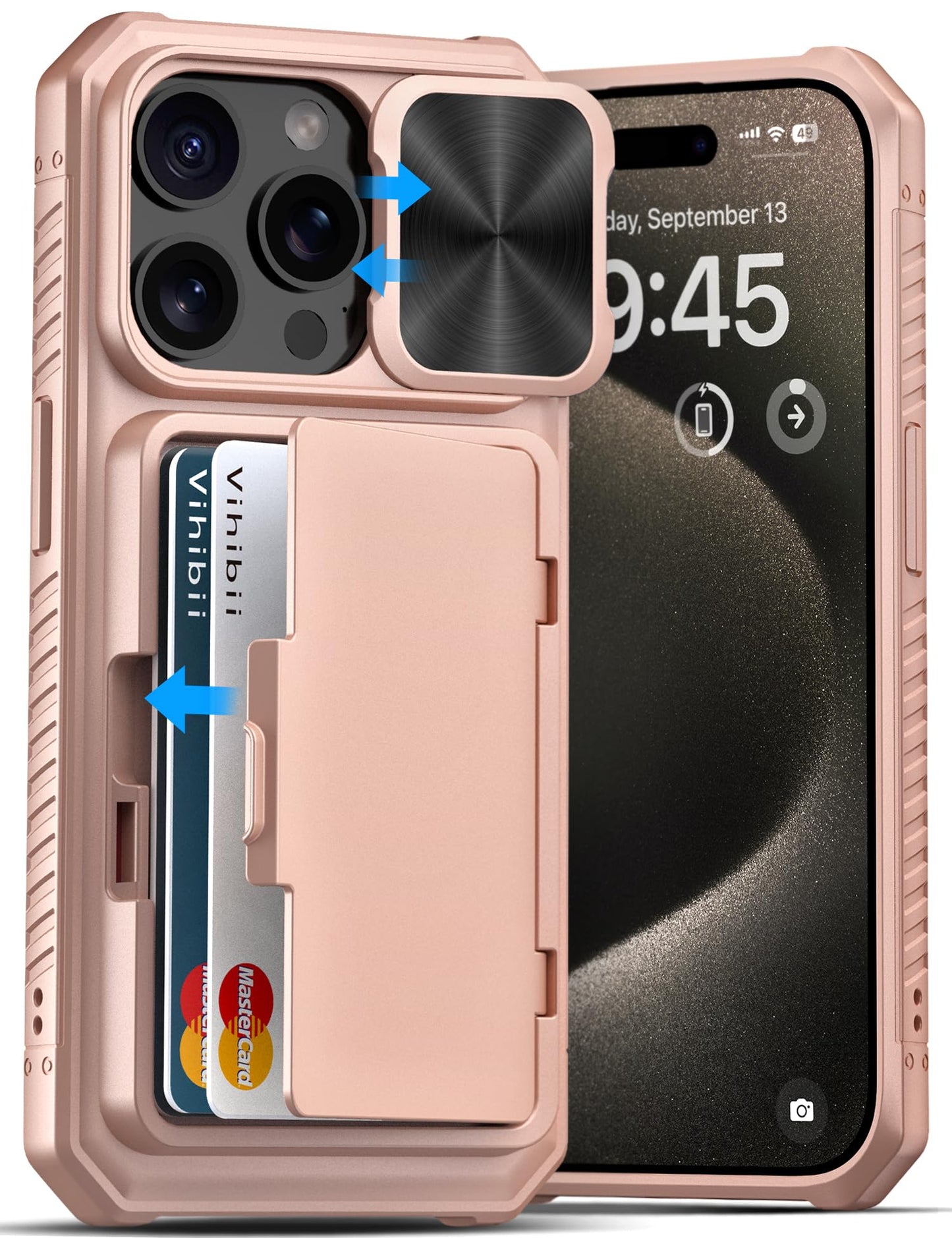 Vihibii for iPhone 15 Pro Max Case with Card Holder & Slide Camera Cover & Kickstand, Military Grade Drop Protection, Rugged Hard Back & Silicone Edge Wallet Phone Case