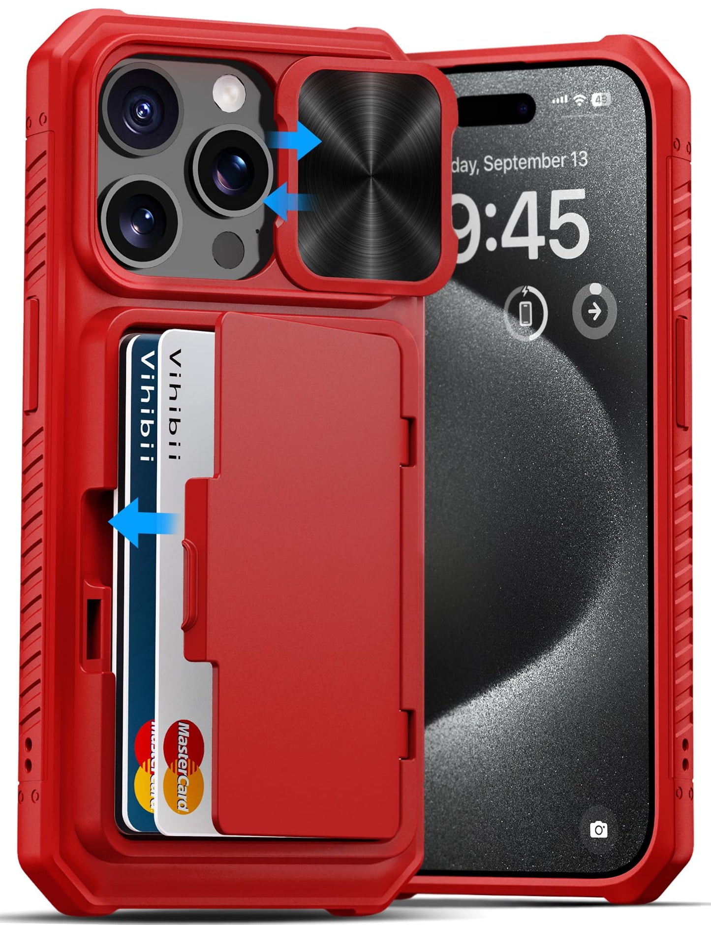 Vihibii for iPhone 15 Pro Max Case with Card Holder & Slide Camera Cover & Kickstand, Military Grade Drop Protection, Rugged Hard Back & Silicone Edge Wallet Phone Case