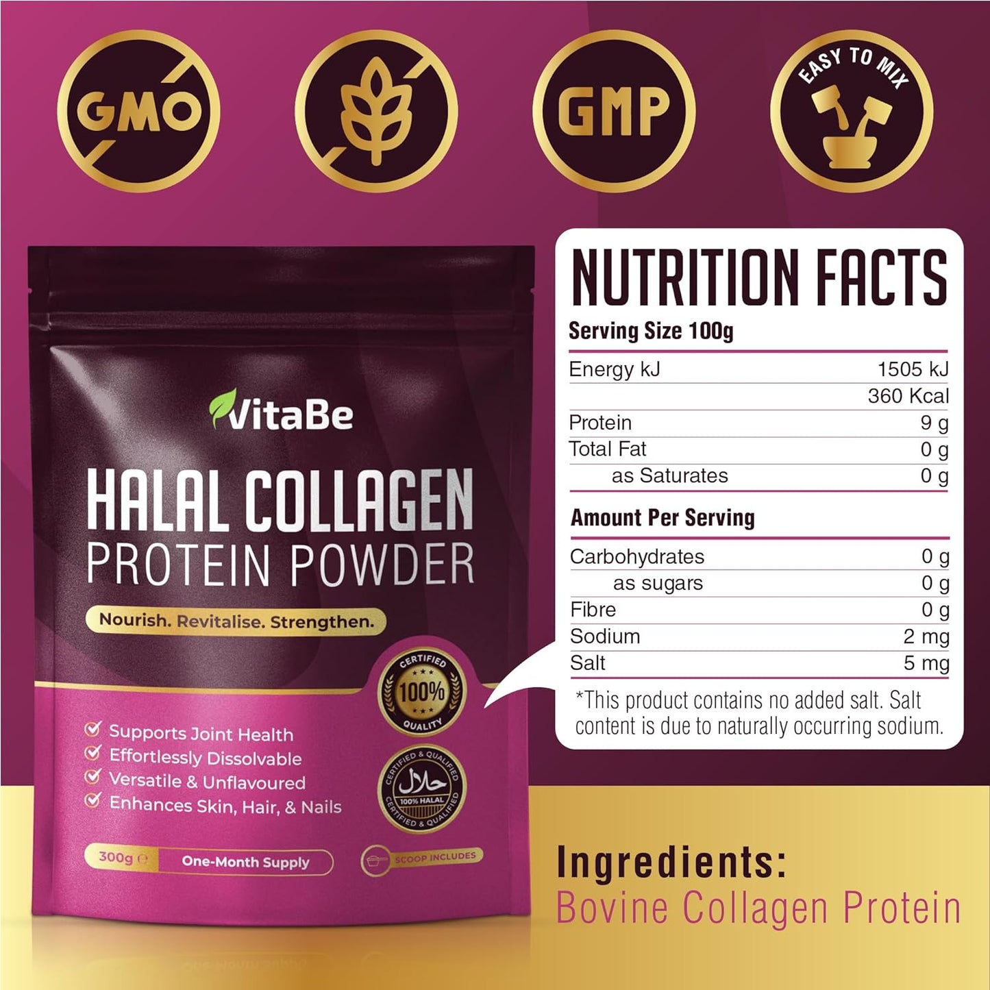Halal Bovine Collagen Powder 300g – Halal Certified Collagen Supplement for Skin, Hair, Nails & Joints Support – One Month Supply with Scoop Included