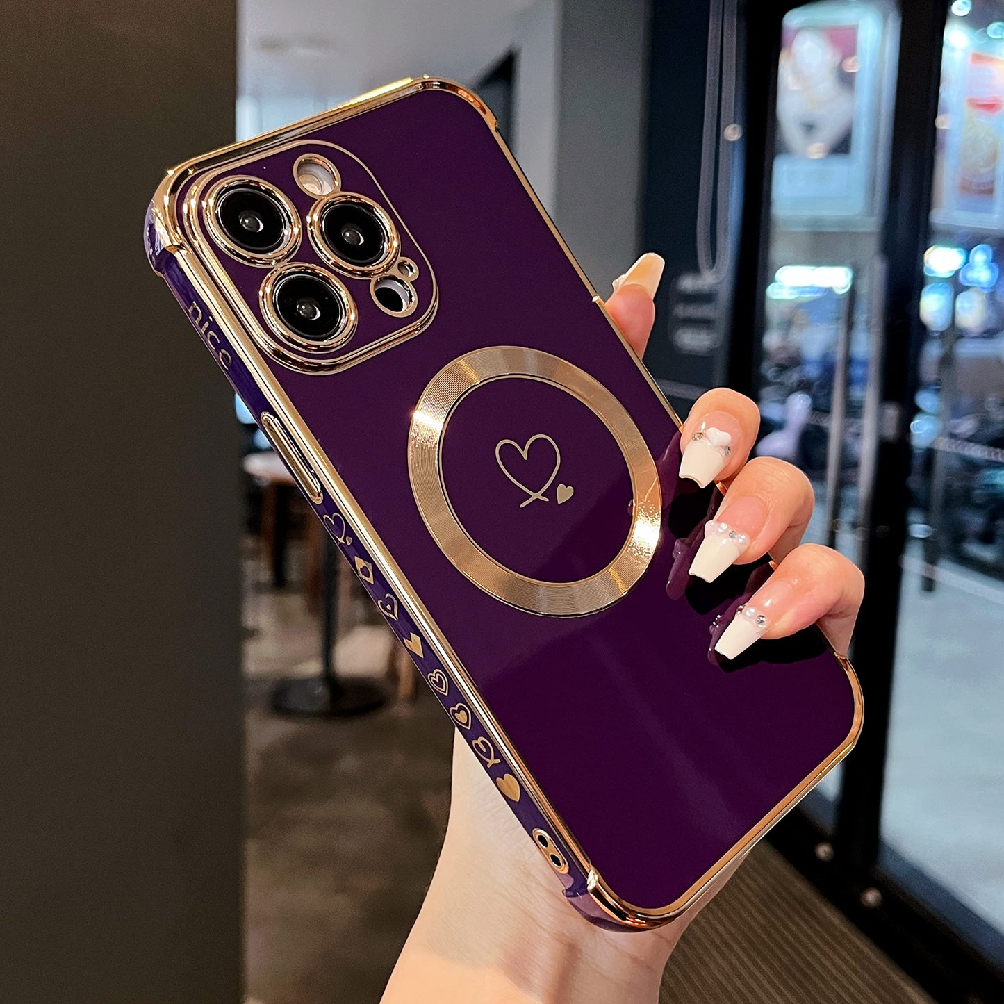 ZTOFERA Magnetic Case for iPhone 15 Pro Compatible with MagSafe, Flexible Soft Silicone Protective Phone with Cute Love Heart Pattern Golden Rim Shockproof Bumper Cover