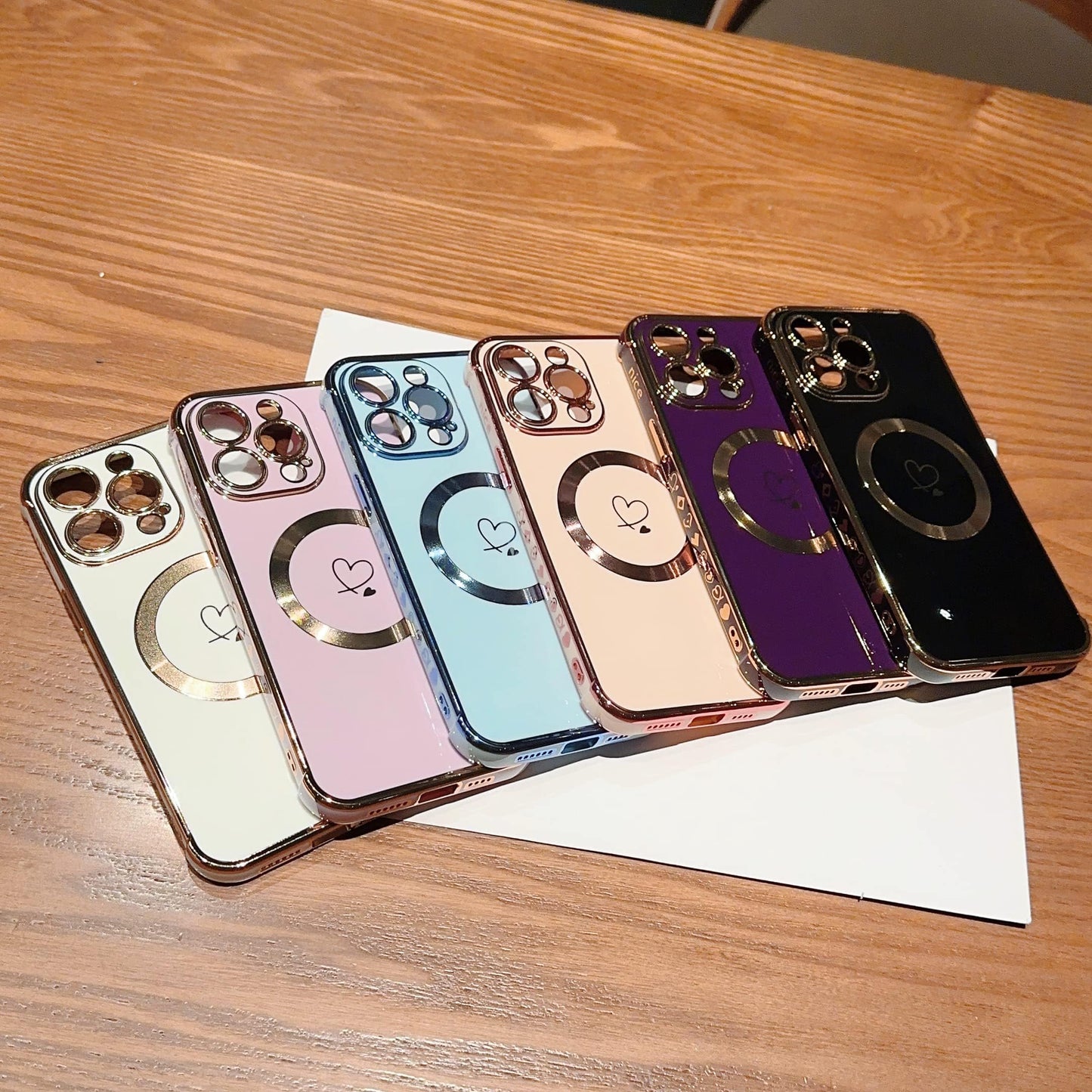 ZTOFERA Magnetic Case for iPhone 15 Pro Compatible with MagSafe, Flexible Soft Silicone Protective Phone with Cute Love Heart Pattern Golden Rim Shockproof Bumper Cover