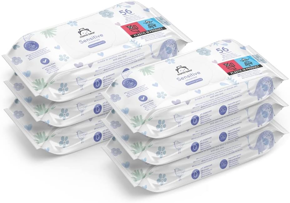 Amazon Brand – Mama Bear Sensitive Unscented Baby Wipes, 336 Count (6 Packs of 56)