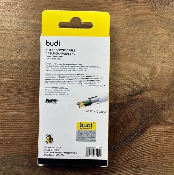 Budi USB Type -C 1M/3FT White Mobile Phone 2.4A Fast Charger Cable