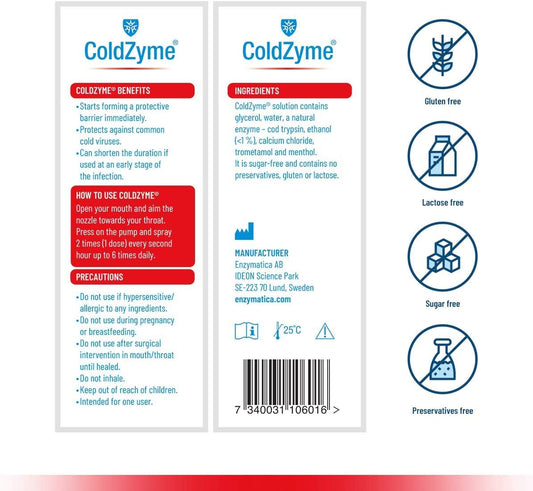 ColdZyme Mouth & Throat Spray Reducing a Cold by up to 3.5 Days - Deactivates Cold viruses - Use at First Signs of a Cold (Scratchy Throat, runny Nose) - Menthol Flavour 7 ml