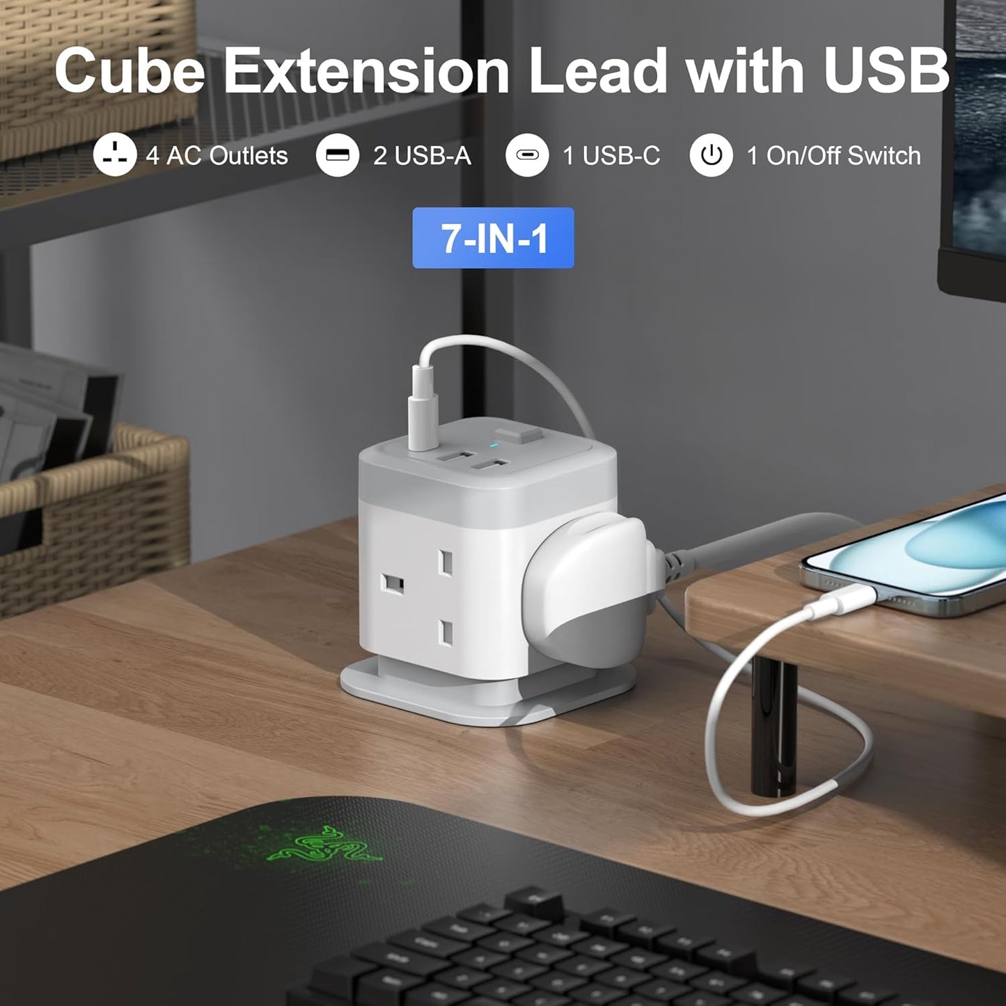 Cube Extension Lead with USB Slots