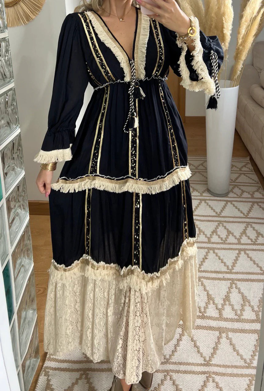 Boho dress with exquisite hand-embroidered, Boho Essence Maxi Summer Long Dress