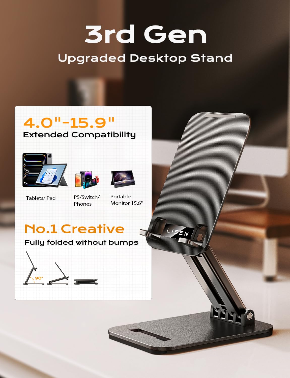 LISEN Fits iPad Stand Holder Adjustable Tablet Stand for Desk Portable Monitor Home Office Must Haves iPad Holder Accessories for Portable Monitor/PS/Switch 4.7"-15.6"