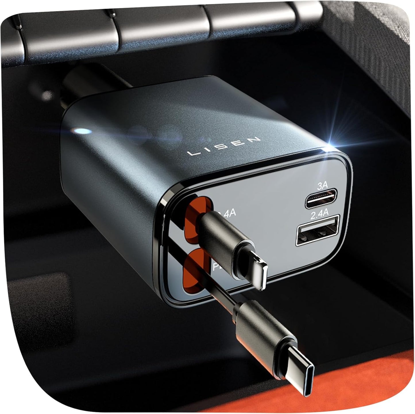 LISEN Retractable Car Charger 69W USB Adapter,USB C Retractable Car Fast Charger for iPhone 16 Pro Max Plus, Samsung ,Pixel