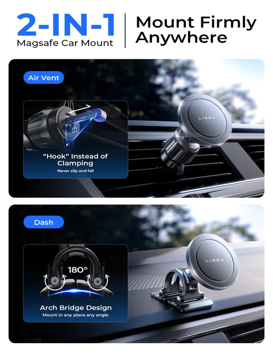 LISEN for Magsafe Car Mount Charger 15W Fastest Charging Speed Car Phone Holder Wireless iPhone Car Charger Magsafe Phone Holder Fits iPhone