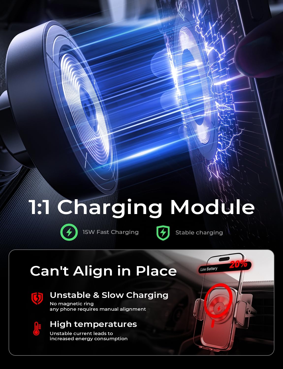 LISEN for Magsafe Car Mount Charger 15W Fastest Charging Speed Car Phone Holder Wireless iPhone Car Charger Magsafe Phone Holder Fits iPhone