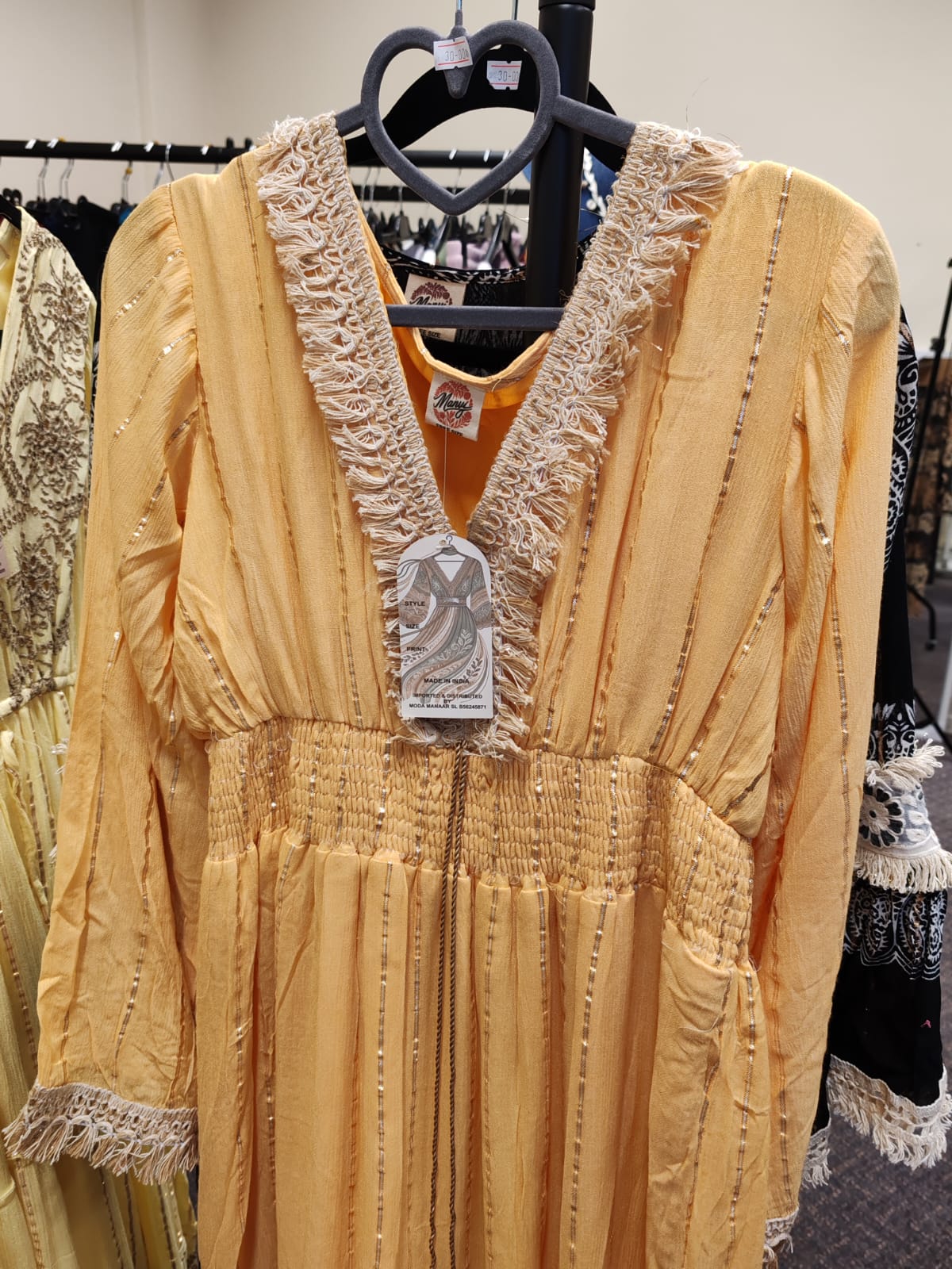 Vintage Style Soft Yellow Fringed Midi Dress with Metallic Stripes One size