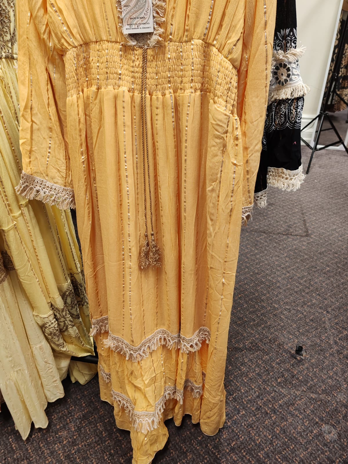 Vintage Style Soft Yellow Fringed Midi Dress with Metallic Stripes One size