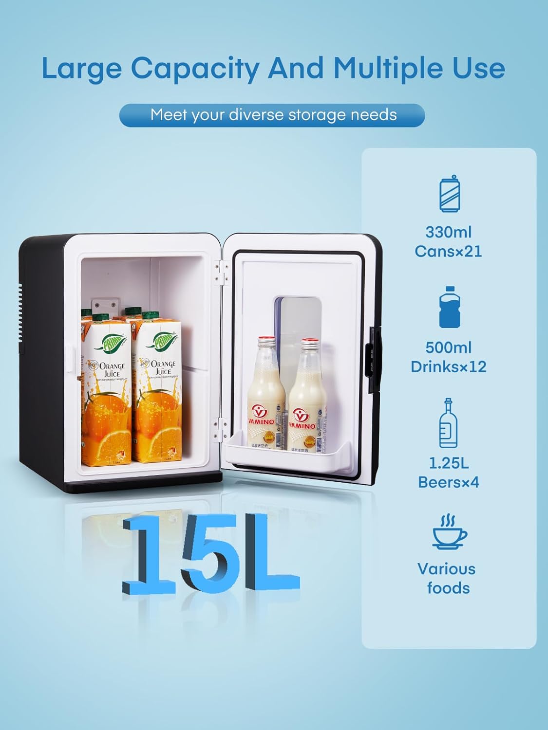 Mini Fridge 15L, 21 Cans Mini Fridges for Bedrooms |DC Power Small Fridge for Car,Office, Travel | Max & ECO Mode, Thermoelectric Cooler and Warmer for Skincare, Beauty, Drinks