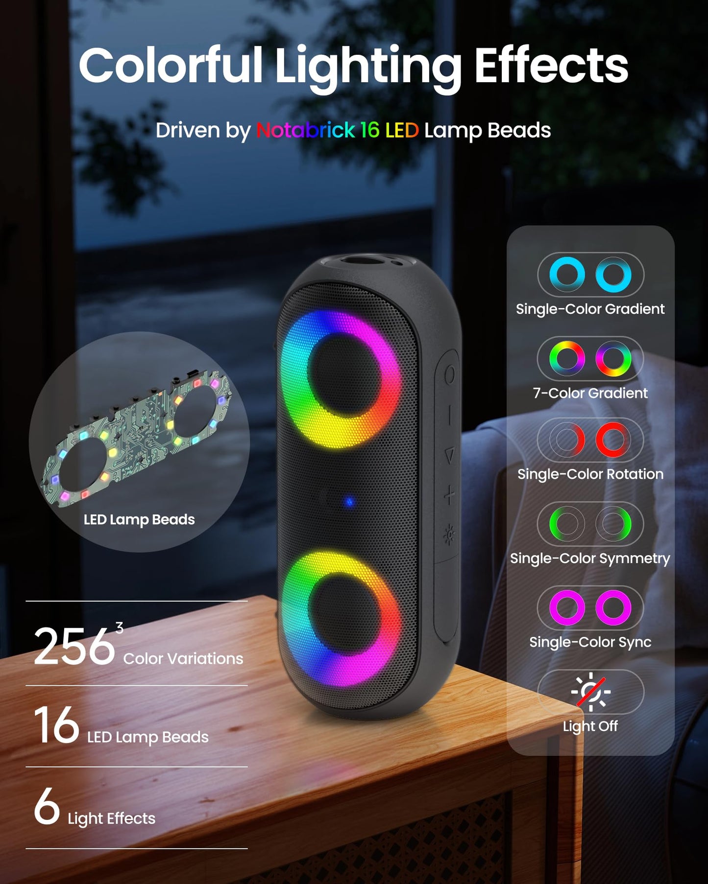 2NOTABRICK Bluetooth Speaker with Lights, Portable Speakers Wireless Bluetooth 5.0,30W Loud Stereo Sound,IPX7 Waterproof,Long Playtime,100ft Bluetooth Range (Black)