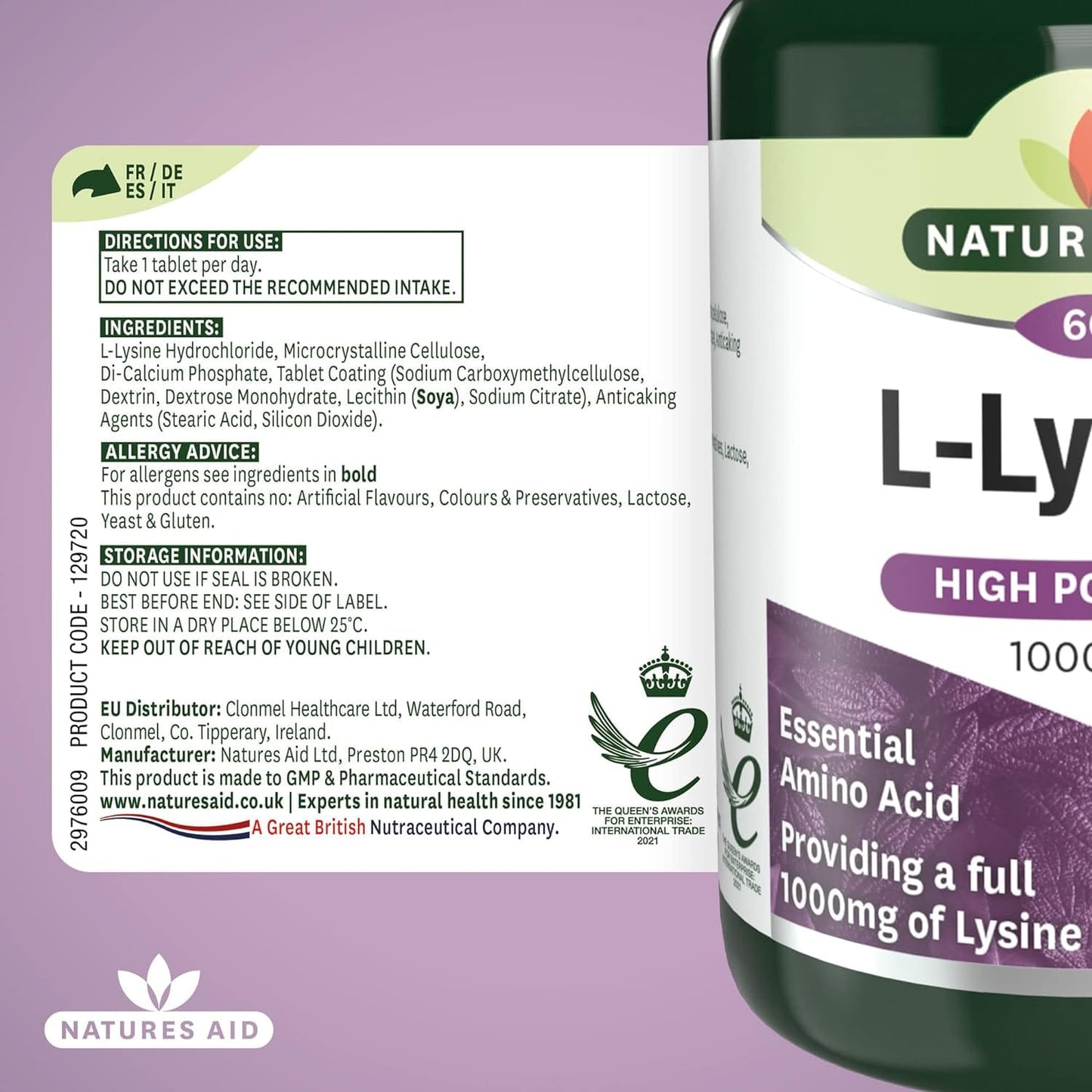 Natures Aid L-Lysine 1000 mg, High Potency Essential Amino Acid, Vegan, 60 Tablets