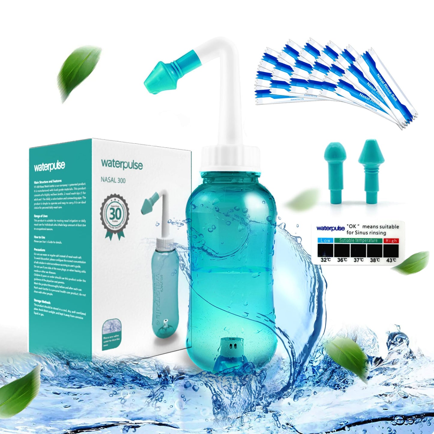 Neti Pot, Sinus Rinse Bottle 300ml, Nose Cleaner, Nasal Irrigation System with 30 Nasal Wash Salt Packets and Sticker Thermometer for Adult & Kid BPA Free