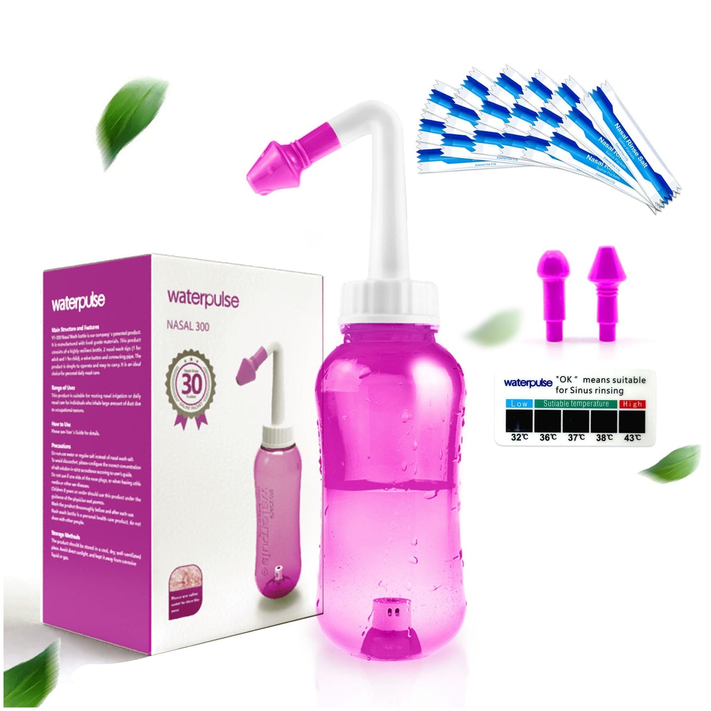 Neti Pot, Sinus Rinse Bottle 300ml, Nose Cleaner, Nasal Irrigation System with 30 Nasal Wash Salt Packets and Sticker Thermometer for Adult & Kid BPA Free