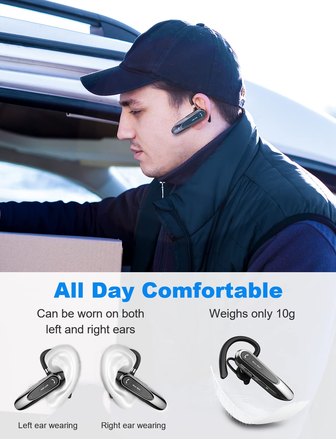 New bee Bluetooth Headsets with Dual Mic V5.0 Handsfree Bluetooth Earpiece with 25 Hrs Talking Time Mic Mute Two Device Connection for iPhone, Android and Laptop