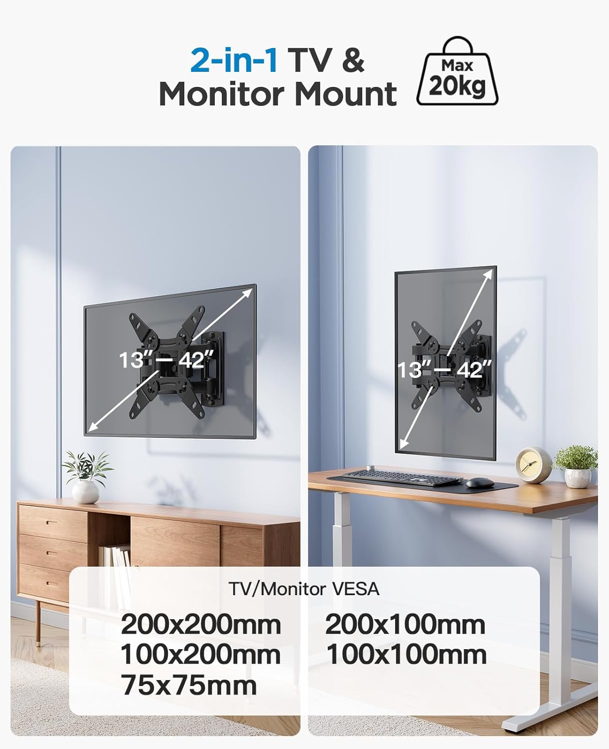 PERLESMITH TV Wall Bracket for 13-42 inch TVs, Swivels Tilts TV Wall Mount for Flat & Curved TV,VESA 75x75mm to 200x200mm up to 20kg