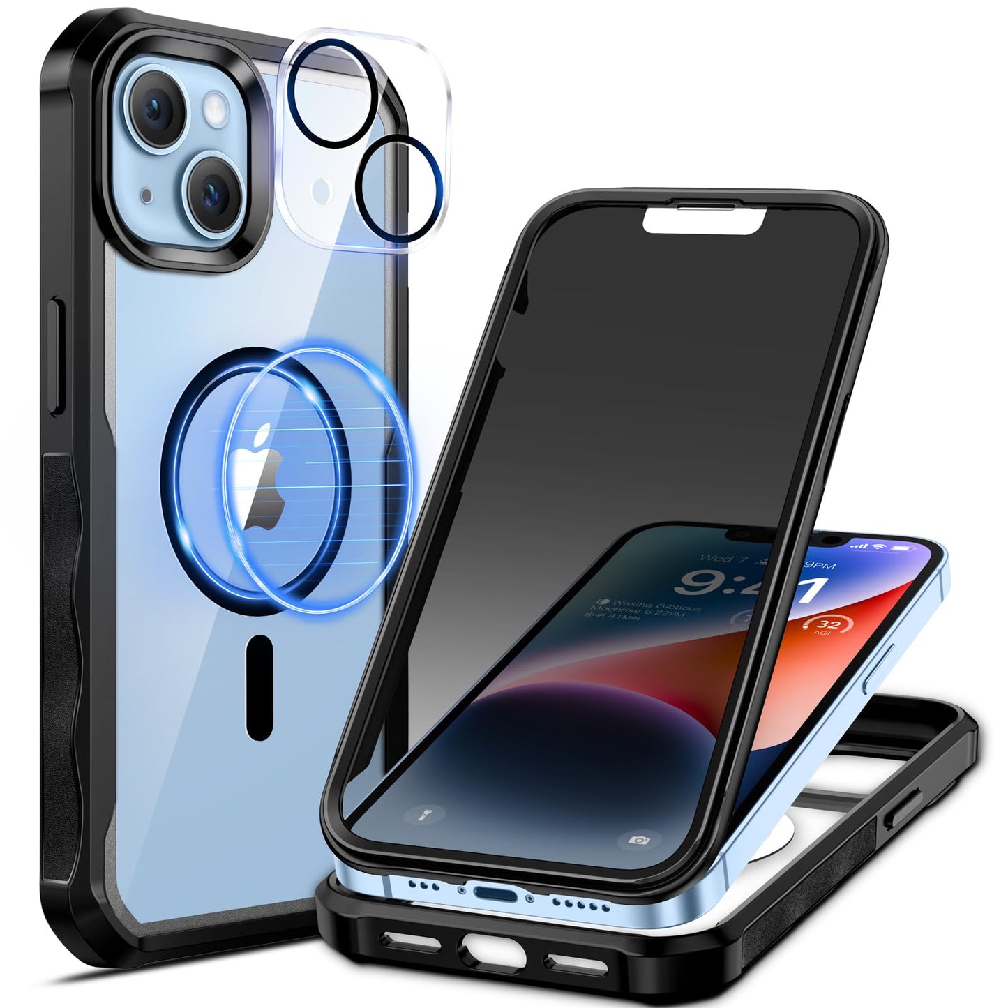 Seacosmo Magnetic iPhone 15 Pro Max Case with Privacy Screen Protector and Camera Lens Protector, Full Body Shockproof Protective Phone Case Compatible with MagSafe for iPhone 15 Pro Max - Black