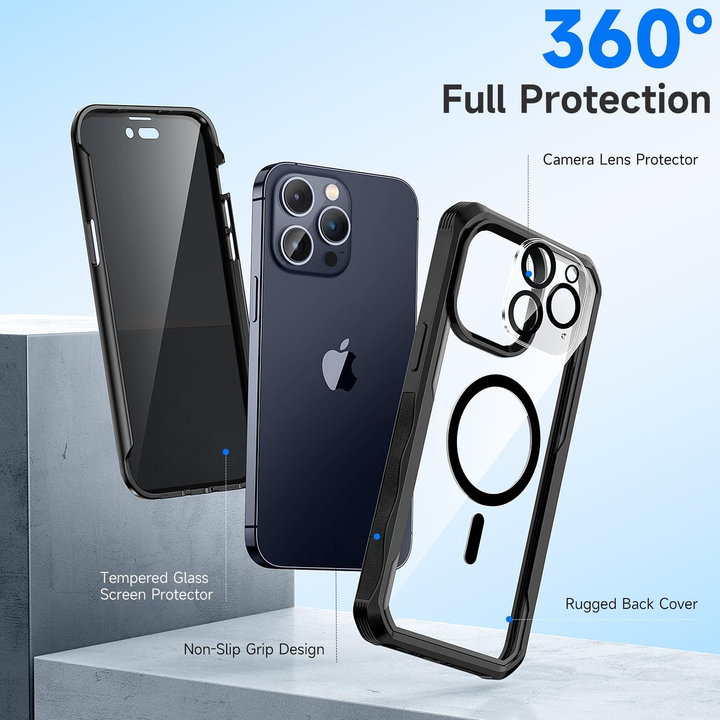 Seacosmo Magnetic iPhone 15 Pro Max Case with Privacy Screen Protector and Camera Lens Protector, Full Body Shockproof Protective Phone Case Compatible with MagSafe for iPhone 15 Pro Max - Black