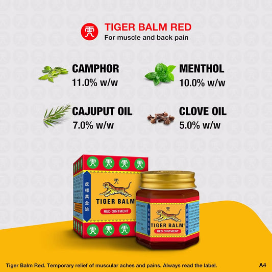 Tiger Balm Red Ointment, Pain Relief Muscular Aches and Pains, herbal ingredient