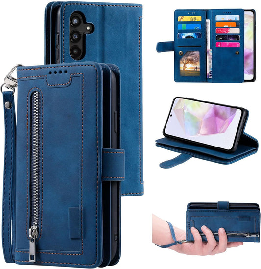 UEEBAI Wallet Case for Samsung Galaxy A15 Retro 9 Card Holder Slots Zipper Pocket Handbag Case PU Leather Magnetic Closure Kickstand with Wrist Strap Shockproof Flip Case