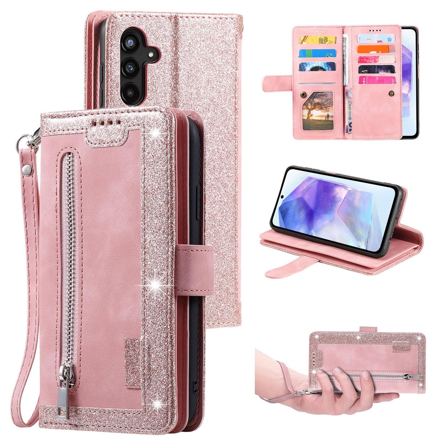 UEEBAI Wallet Case for Samsung Galaxy A15 Retro 9 Card Holder Slots Zipper Pocket Handbag Case PU Leather Magnetic Closure Kickstand with Wrist Strap Shockproof Flip Case