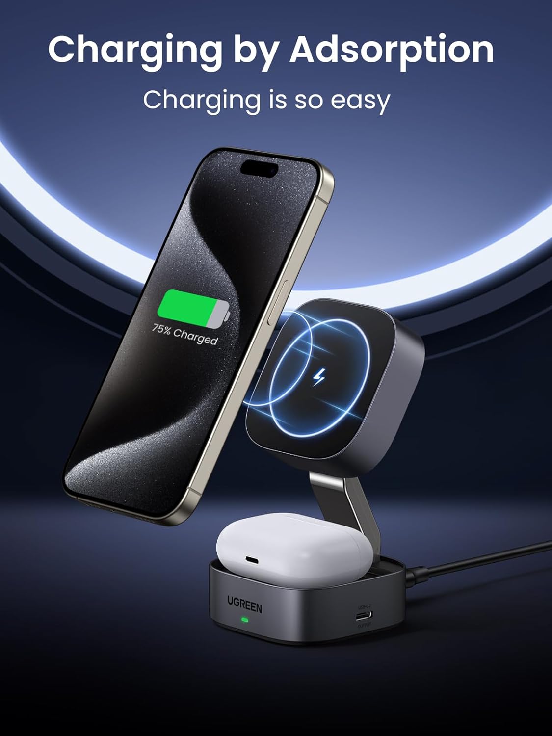 UGREEN MagFlow MagSafe Charger Compatible, 15W Wireless Charger Stand,Magnetic Charging Station, Compatible with iPhone 16/15/15 Plus/15 Pro Max