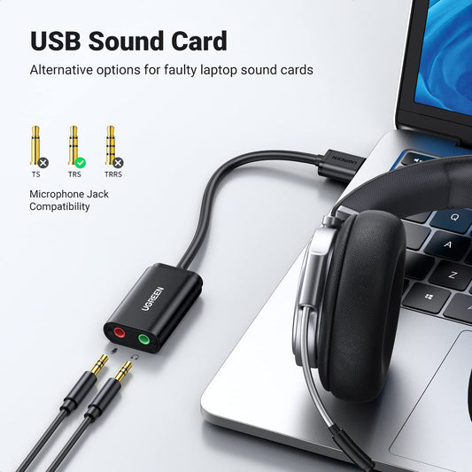 UGREEN USB Sound Card USB 2.0 to 3.5mm Jack Audio Adapter Dual Aux Stereo Headphone Microphone Splitter External DAC Dongle Compatible with Laptop Raspberry Mac Windows Linux