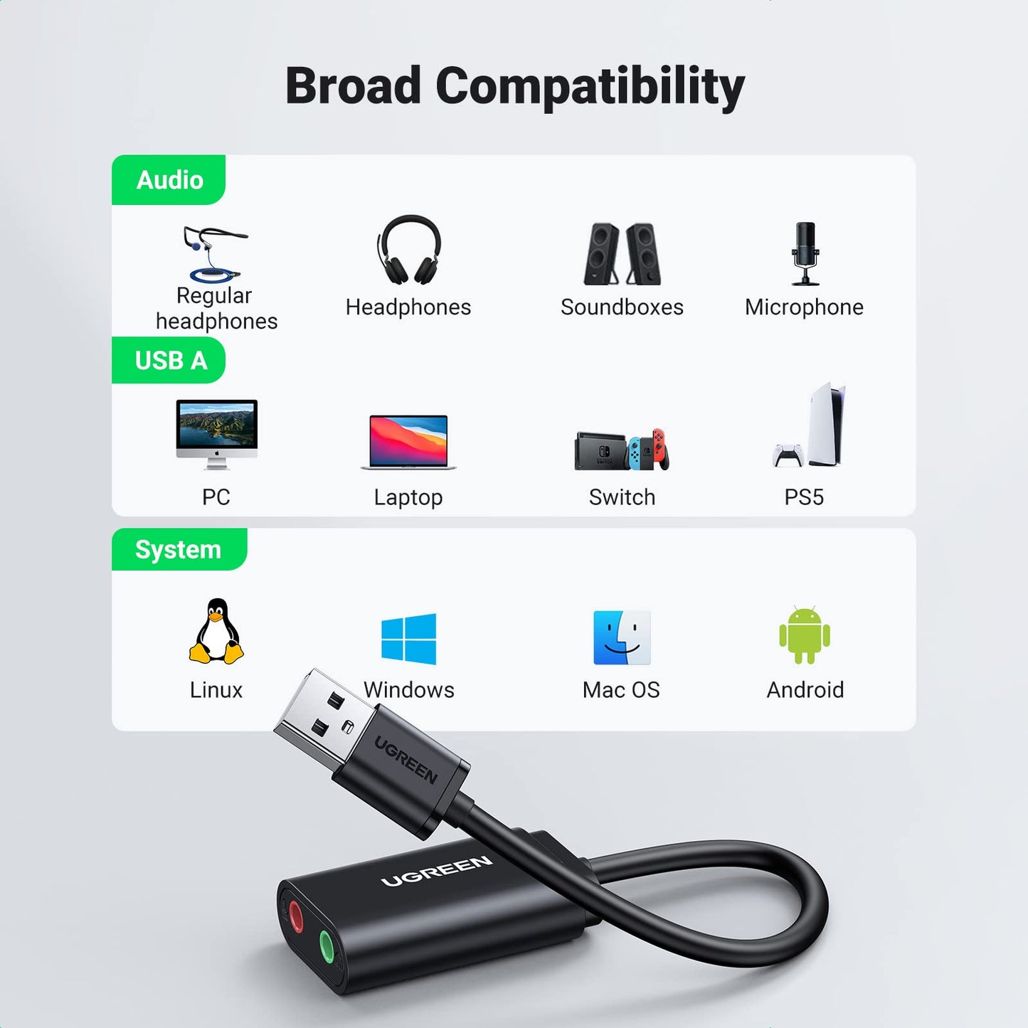 UGREEN USB Sound Card USB 2.0 to 3.5mm Jack Audio Adapter Dual Aux Stereo Headphone Microphone Splitter External DAC Dongle Compatible with Laptop Raspberry Mac Windows Linux