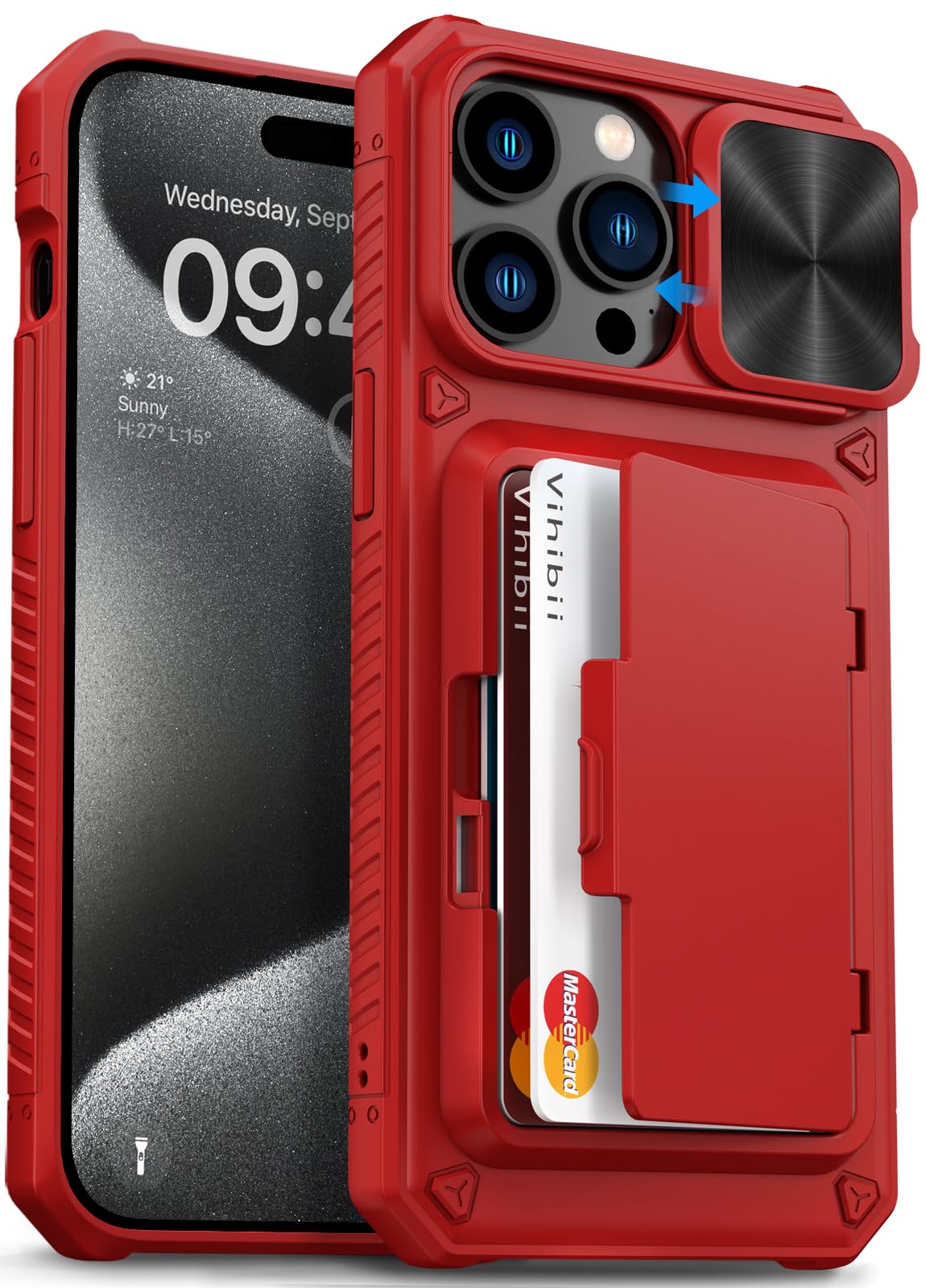 Vihibii for iPhone 15 Pro Max Case with Card Holder & Slide Camera Cover & Kickstand, Military Grade Drop Protection, Rugged Hard Back & Silicone Edge Wallet Phone Case
