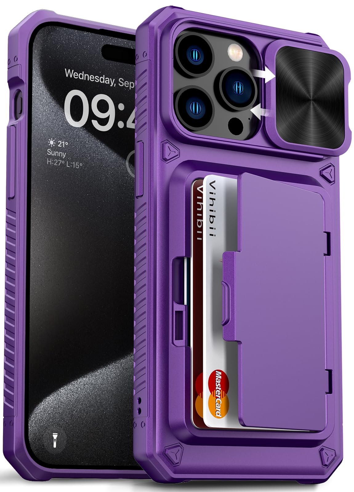 Vihibii for iPhone 15 Pro Max Case with Card Holder & Slide Camera Cover & Kickstand, Military Grade Drop Protection, Rugged Hard Back & Silicone Edge Wallet Phone Case