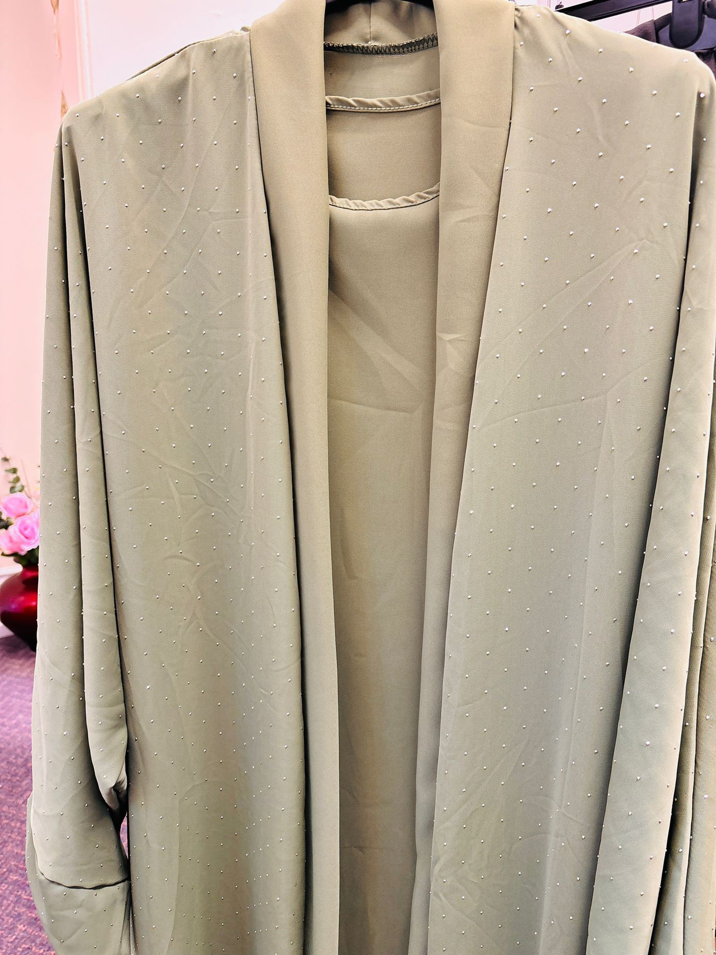 New Women Fashion Elegant Olive Green Embellished Abaya Set Dress Sequence Work With Pant Pocket