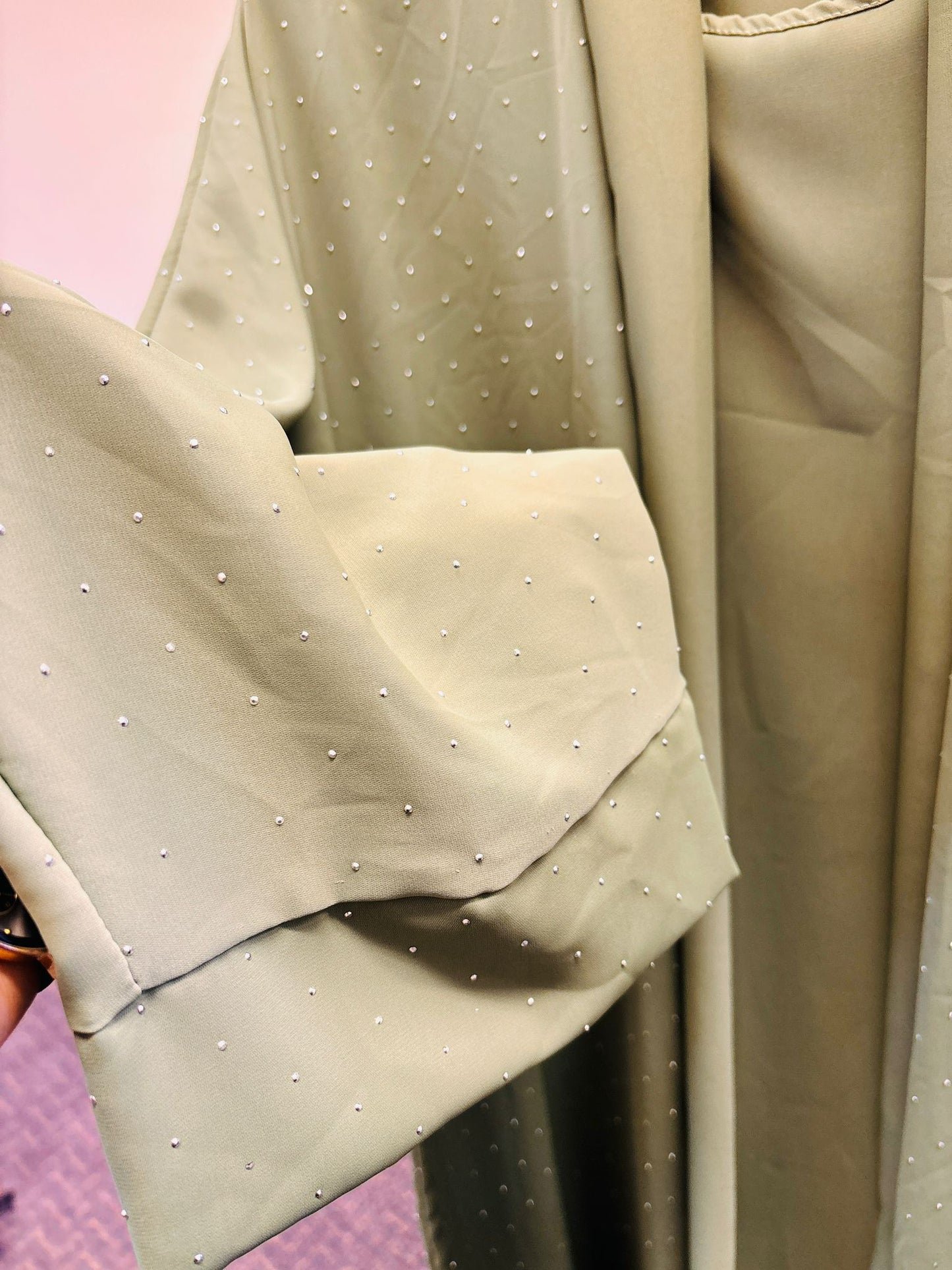 New Women Fashion Elegant Olive Green Embellished Abaya Set Dress Sequence Work With Pant Pocket