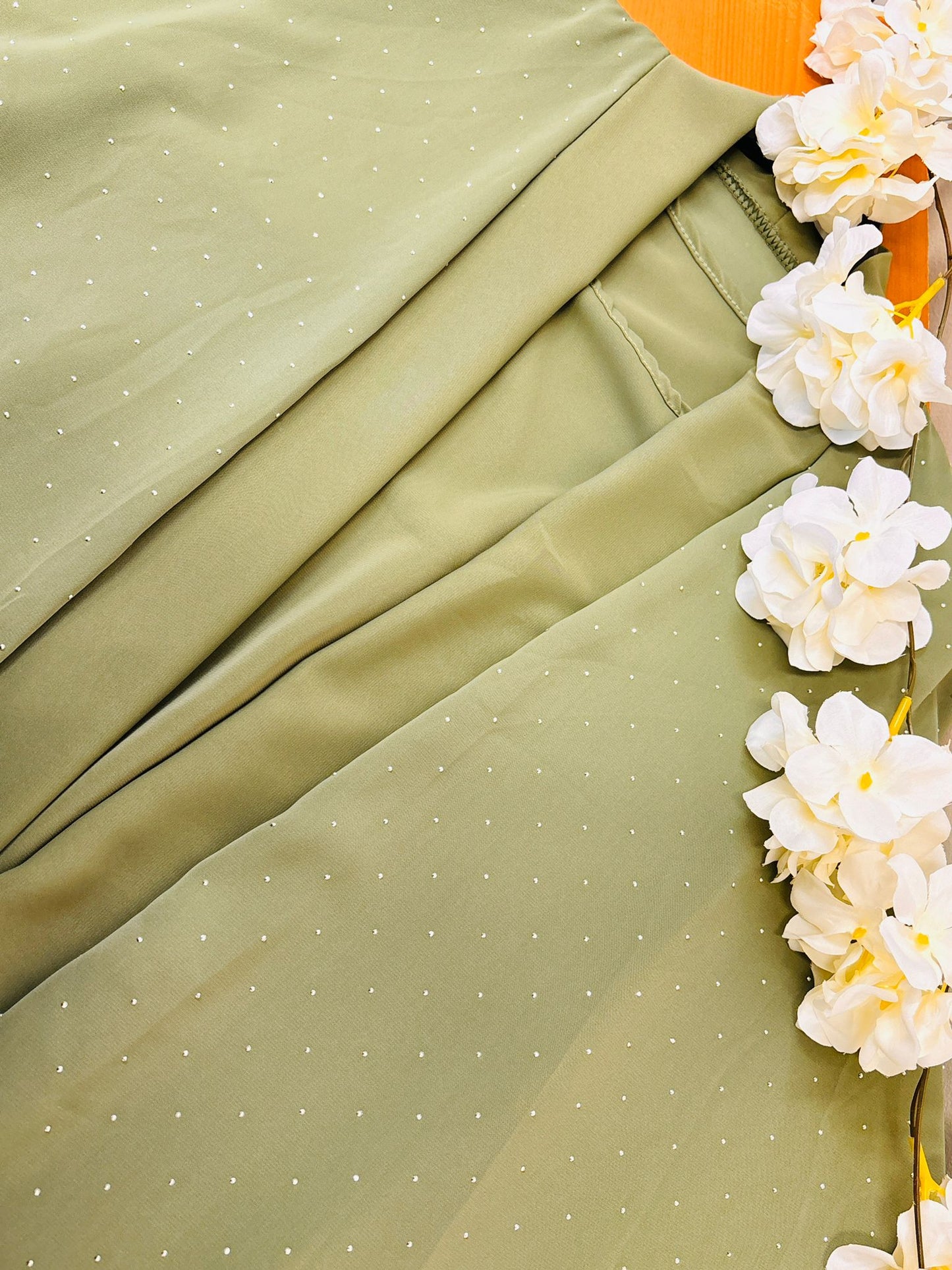 New Women Fashion Elegant Olive Green Embellished Abaya Set Dress Sequence Work With Pant Pocket