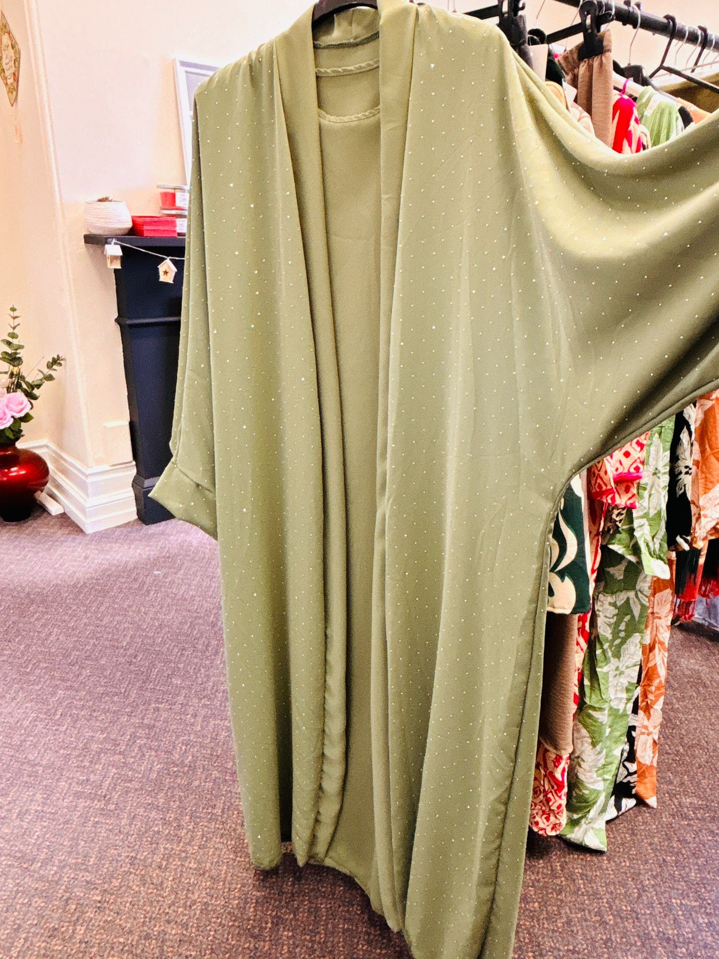 New Women Fashion Elegant Olive Green Embellished Abaya Set Dress Sequence Work With Pant Pocket
