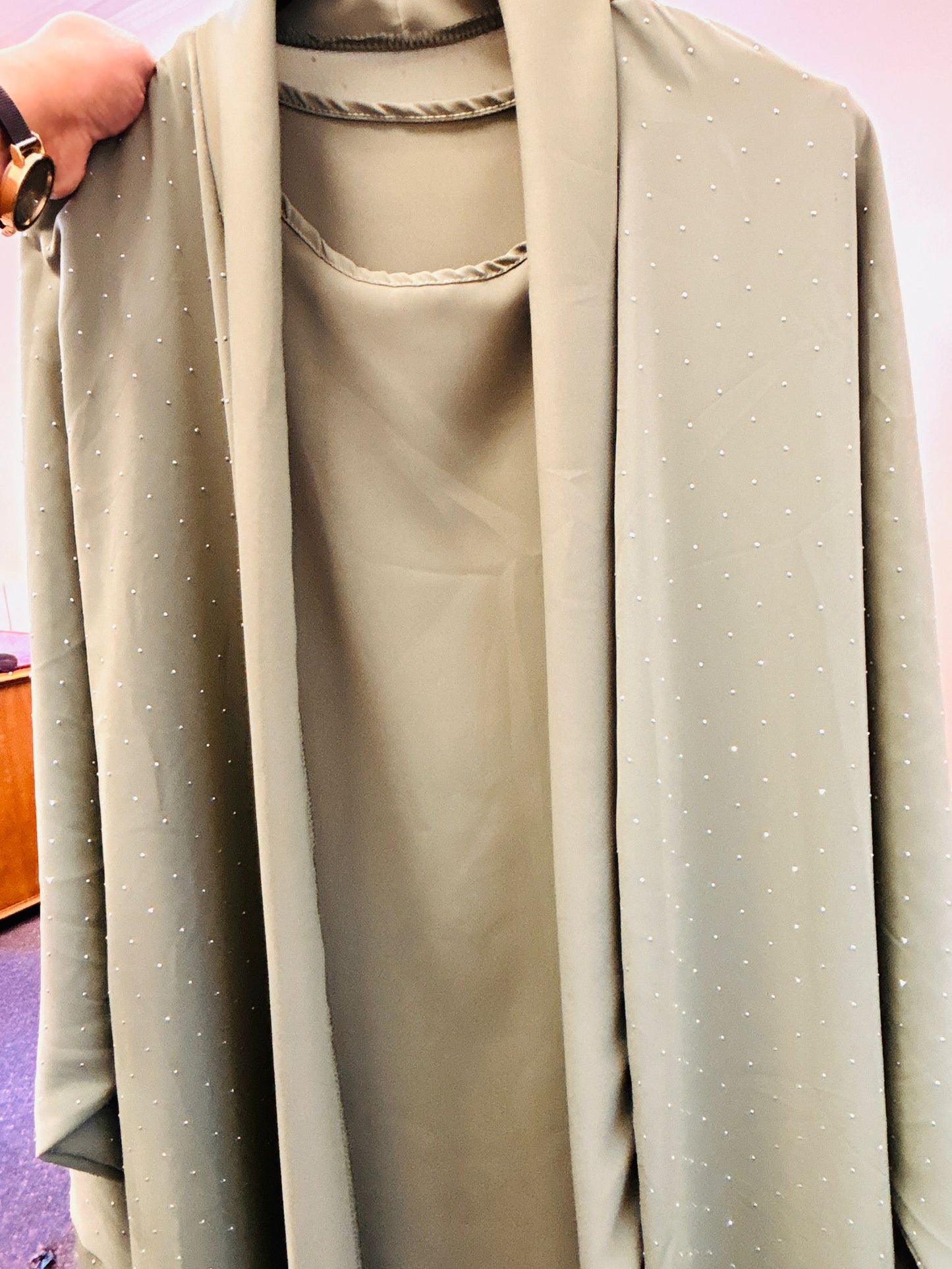 New Women Fashion Elegant Olive Green Embellished Abaya Set Dress Sequence Work With Pant Pocket