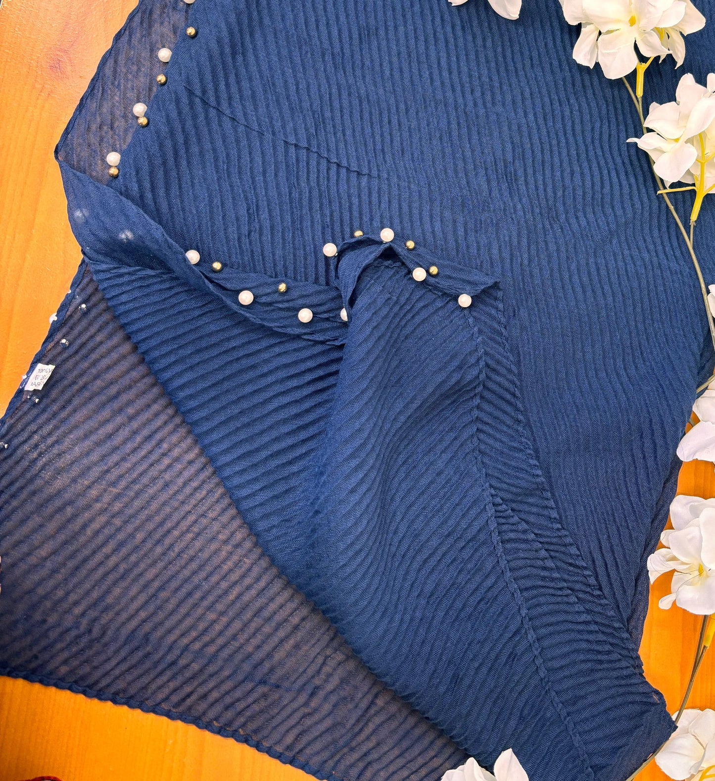 Premium Royal Blue Super Soft Crêpe Cotton Hijab with Pearl Detailing – Navy Blue