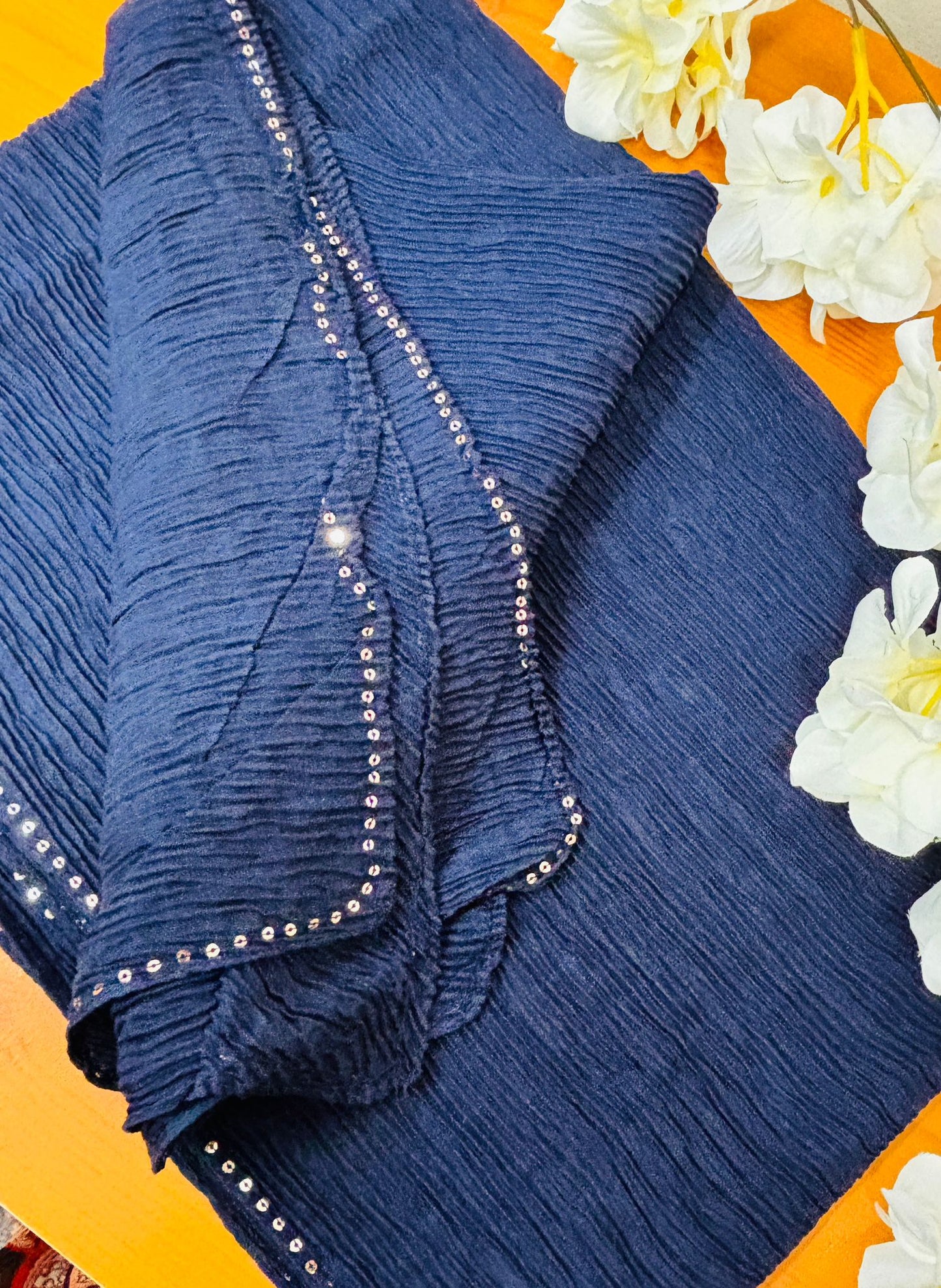 Premium Royal Blue Super Soft Crêpe Cotton Hijab with Pearl Detailing – Navy Blue