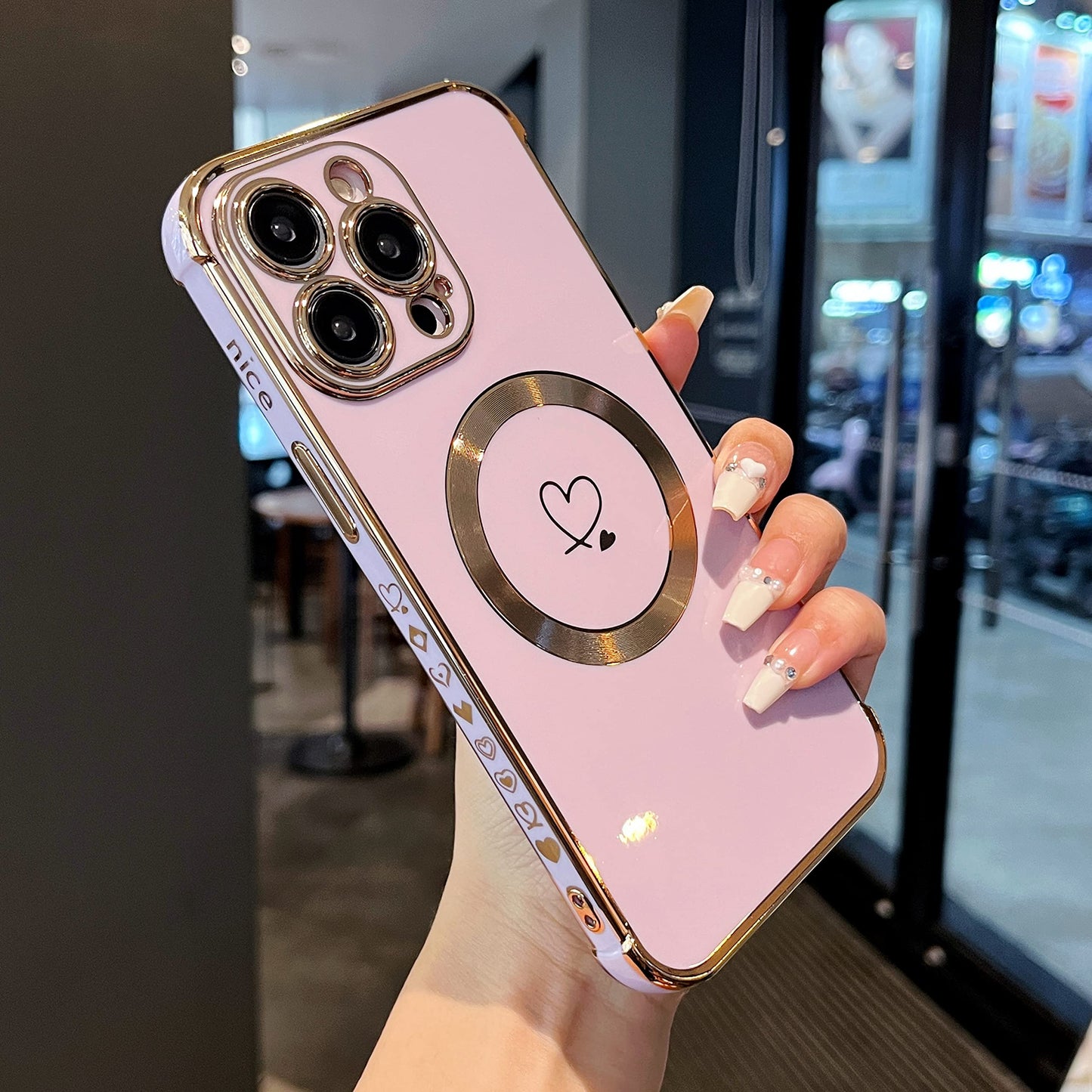 ZTOFERA Magnetic Case for iPhone 15 Pro Compatible with MagSafe, Flexible Soft Silicone Protective Phone with Cute Love Heart Pattern Golden Rim Shockproof Bumper Cover