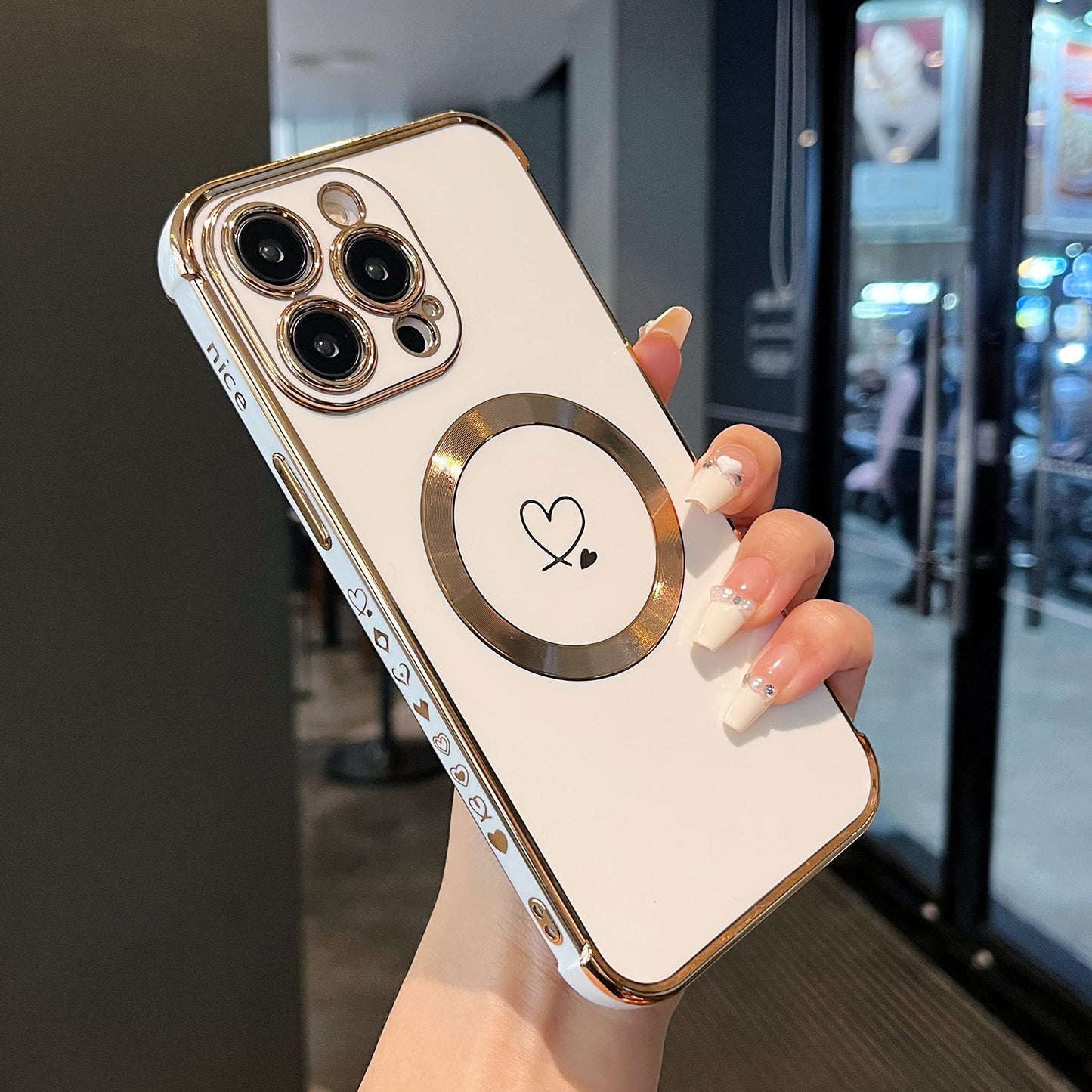 ZTOFERA Magnetic Case for iPhone 15 Pro Compatible with MagSafe, Flexible Soft Silicone Protective Phone with Cute Love Heart Pattern Golden Rim Shockproof Bumper Cover