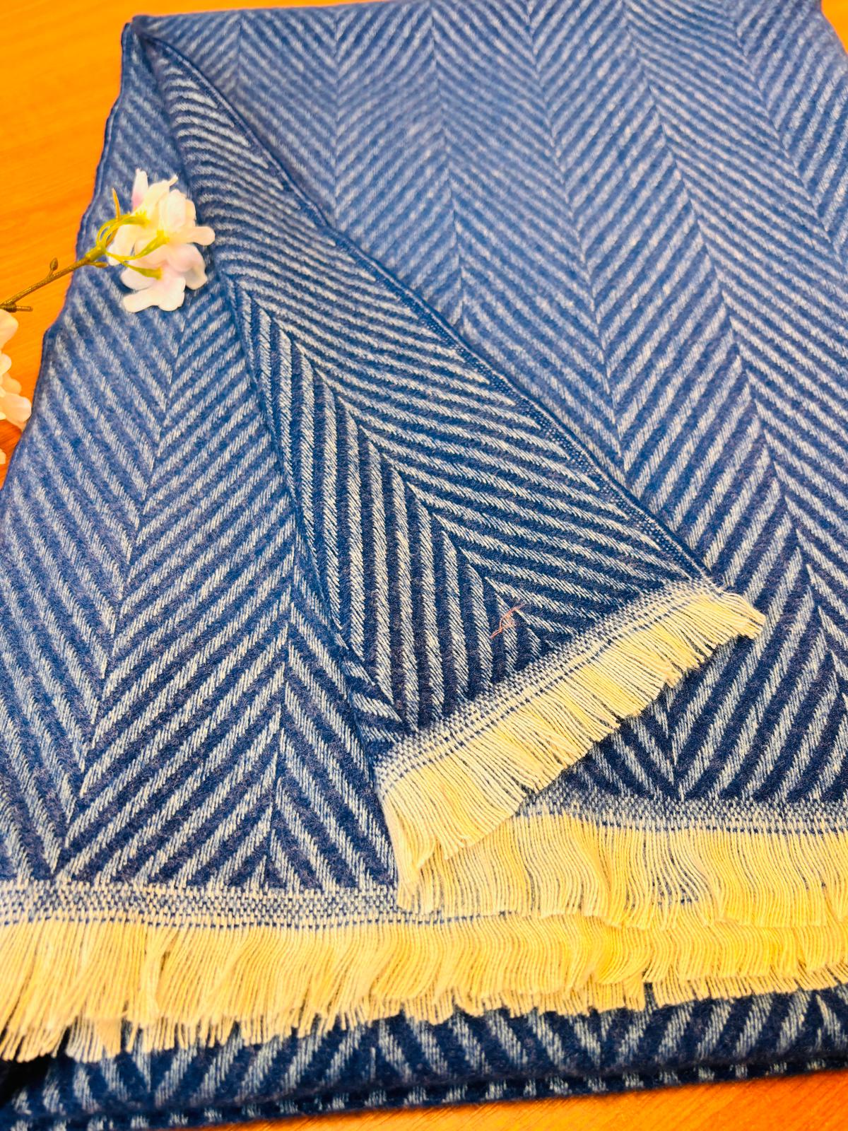 Classic Indigo Blue & White Herringbone Scarf/Shawl | Soft Wool-Blend Wrap with Fringe