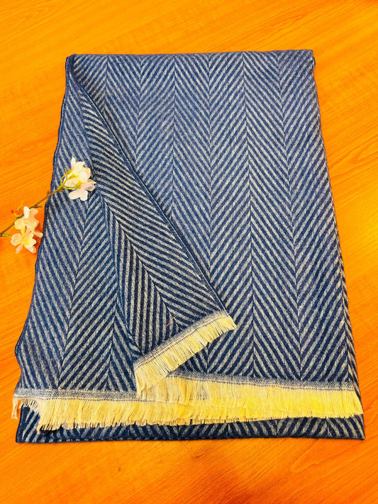 Classic Indigo Blue & White Herringbone Scarf/Shawl | Soft Wool-Blend Wrap with Fringe