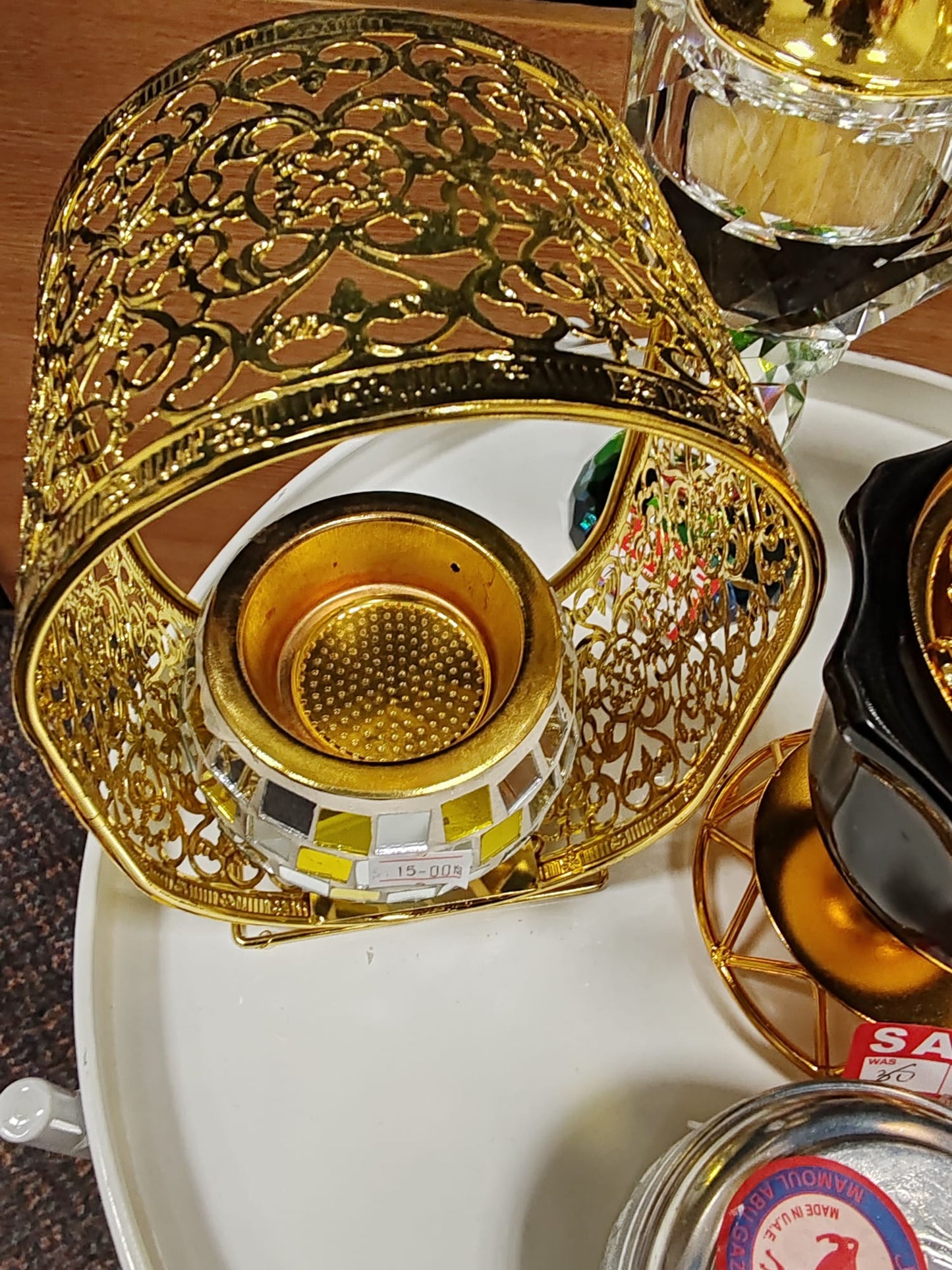 Bukhoor Burner Gold Mosaic Glass Tealight Candle Holder with Ornate Frame.