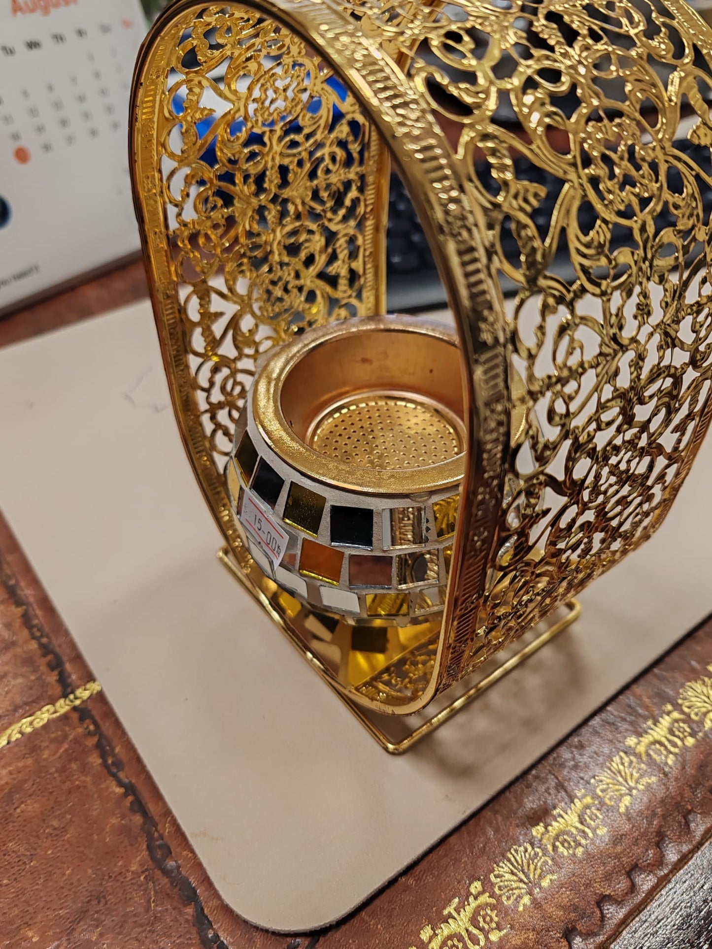 Bukhoor Burner Gold Mosaic Glass Tealight Candle Holder with Ornate Frame.